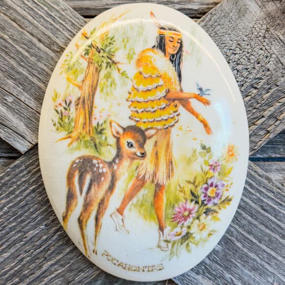 Vintage Folk Art Pocahontas w/ Baby Deer and Wildflowers, HandPainted ChalkWare - Picture 3 of 9
